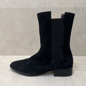 EUC ANDRE ASSOUS Sz 6 EU 37 Boots Black Suede Leather Chelsea Bootie Pull-On